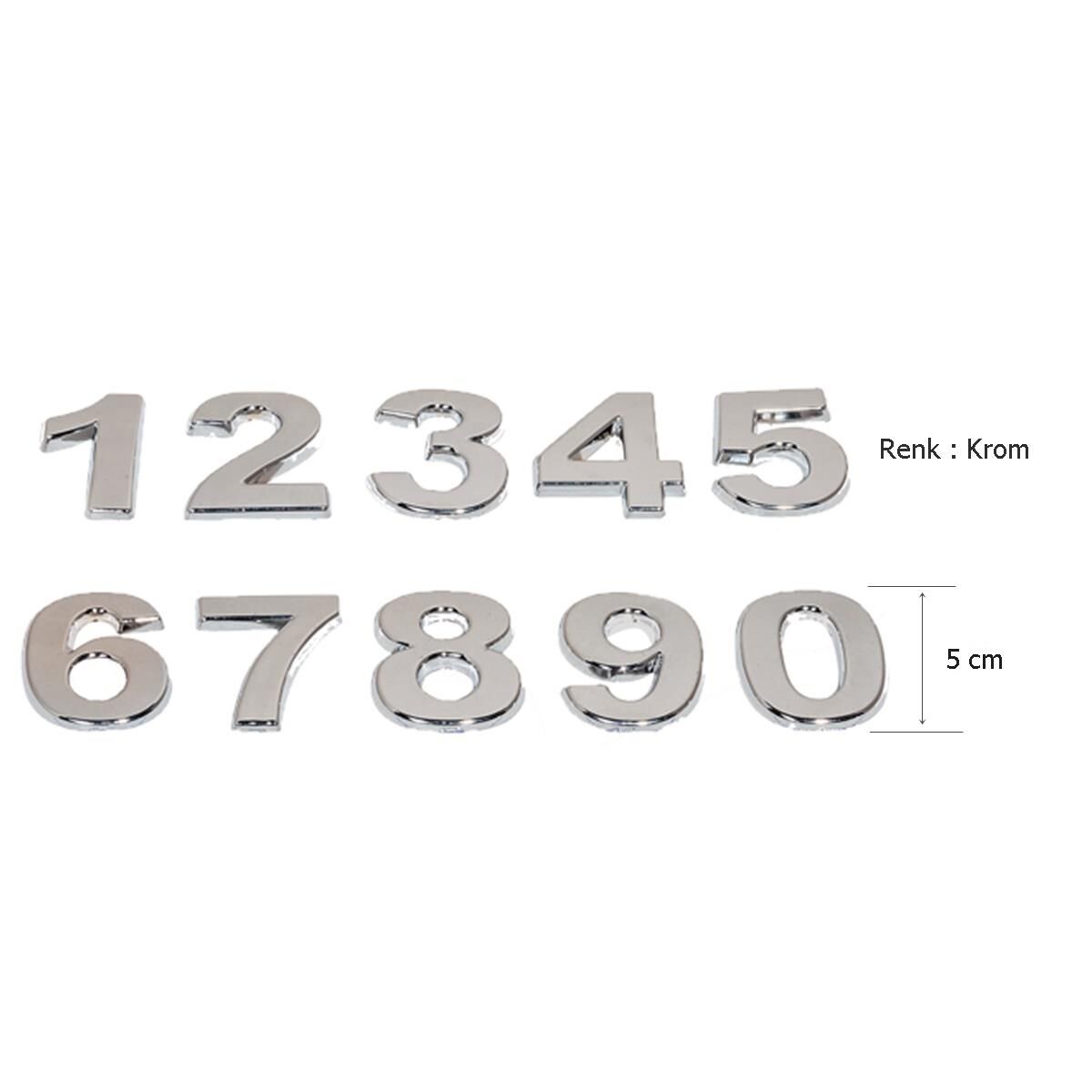 Yapışkanlı Plastik Rakam Araba ve Çelik Kapılar için 5 cm Krom