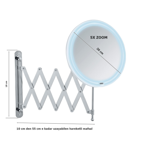 Wenko Mafsallı Ayarlanabilir Led Makyaj Aynası 5X Zoom Krom