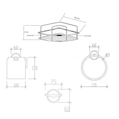Tema Banyo Aksesuar Seti Havluluk-Wc Kağıtlık-2 li Askı-Köşelik