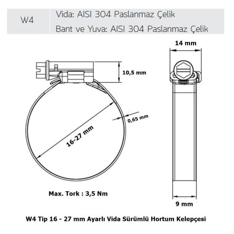 Mikalor 3 Adet W4 Hortum Kelepçesi 16-27 mm 304 Klt.Paslanmaz