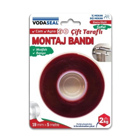 Vodaseal Ekstra Güçlü Çift Taraflı Montaj Bantı Şeffaf 19 mm x 5 mt
