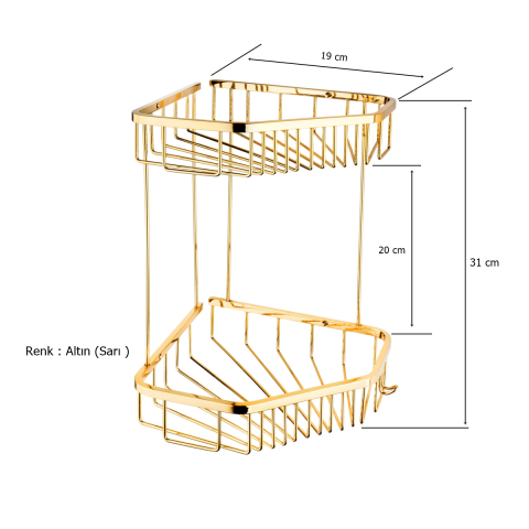 Tema Elmas 2 Katlı Köşelik Banyo Rafı Şampuanlık Sarı Prinç