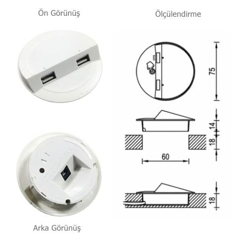 Çalışma Masası için Masa Üstü Usb Şarj Cihazı Beyaz Adaptör Dahil
