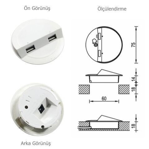 Çalışma Masası için Masa Üstü Usb Şarj Cihazı Beyaz Adaptör Dahil
