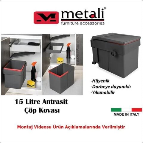 Metali Dolap İçi Çöp Kovası Antrasit 15 lt Made in İtaly