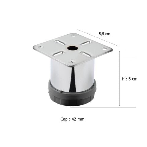 Mobilya Ayağı Metal 6 cm  Alttan Ayarlı 42 mm Krom Ayak