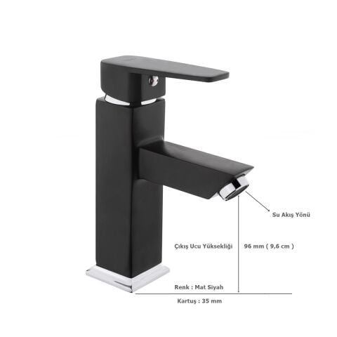 Tema Kare Slim Tek Gövde Sabit Lavabo Bataryası Mat Siyah