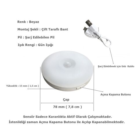 Çok Amaçlı Hareket Sensörlü Şarjlı Dolap içi Led Aydınlatma