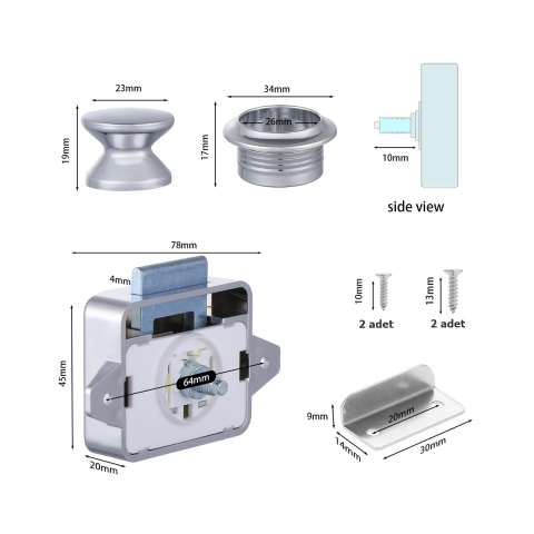 Karavan ve Tekneler için Basmalı Çekmece Dolap Kilidi Krom Renk