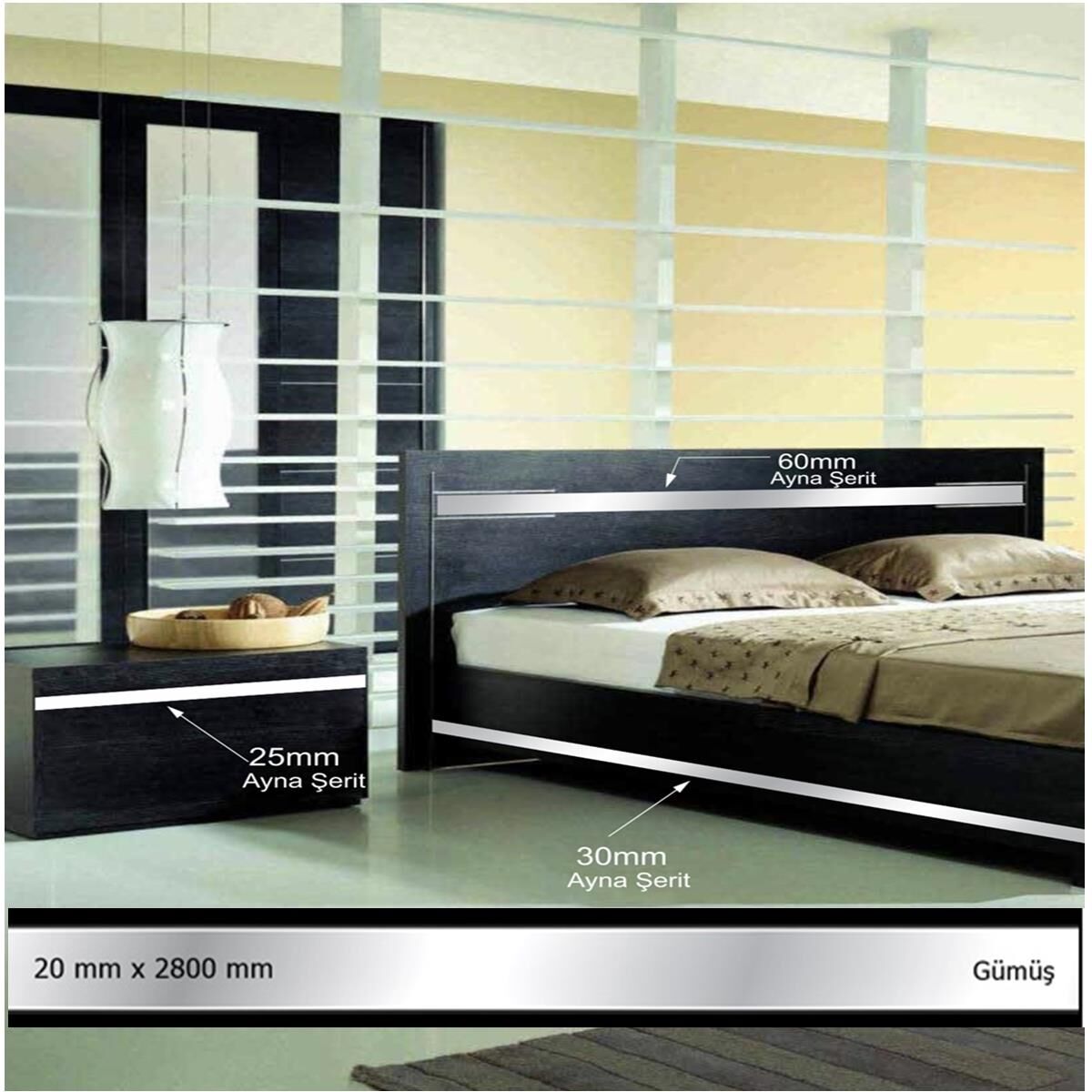 20 mm x 2800 mm Gümüş Sibu Aynalı Pleksi Şerit Mobilya Süsü