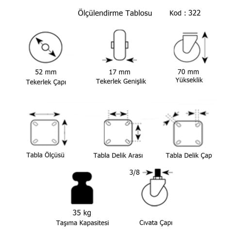 Hts Döner 3/8 Vidalı Mobilya Tekeri Çap : 52 mm Kod : 322