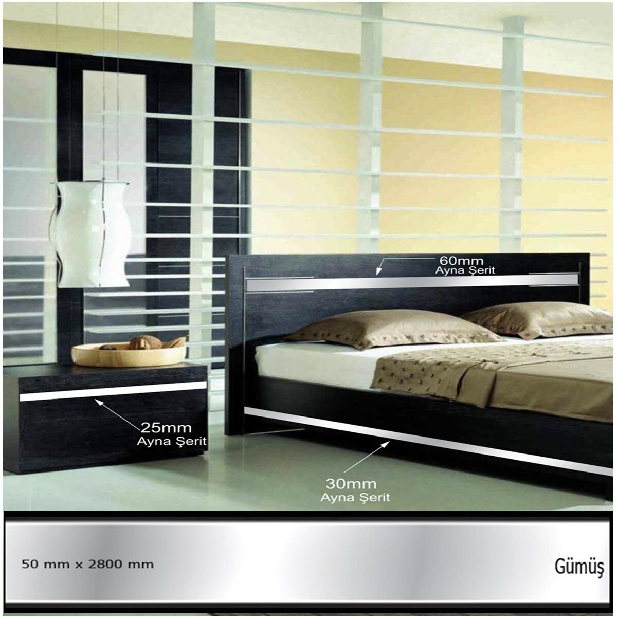 50 mm x 2800 mm Gümüş Sibu Aynalı Pleksi Şerit Mobilya Süsü