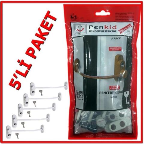5 Adet Penkid Çelik Halatlı Pvc Pencere Çocuk Emniyet Kilidi Beyaz