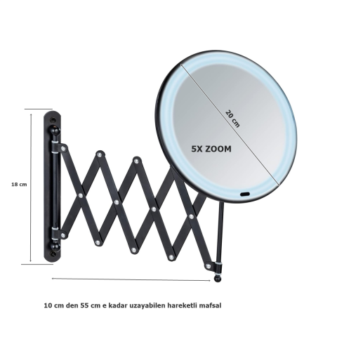 Wenko Mafsallı Led Kozmetik Makyaj Aynası 5X Zoom Siyah