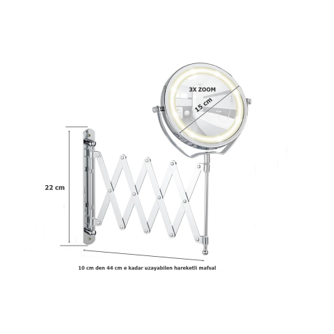 Wenko Mafsallı Ayarlanabilir Led Makyaj Aynası 3X Zoom Krom