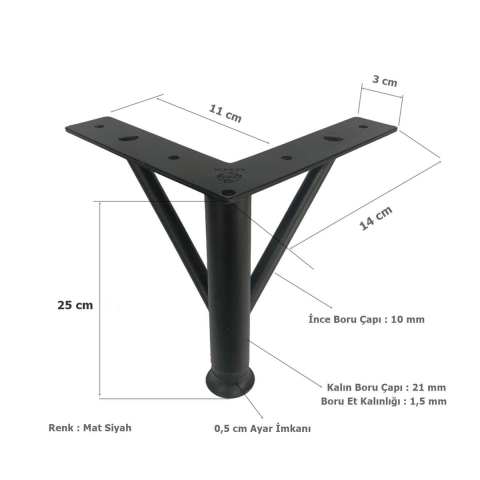 Firkete Ayak Metal 25 cm Mat Siyah Mobilya Koltuk Ayağı