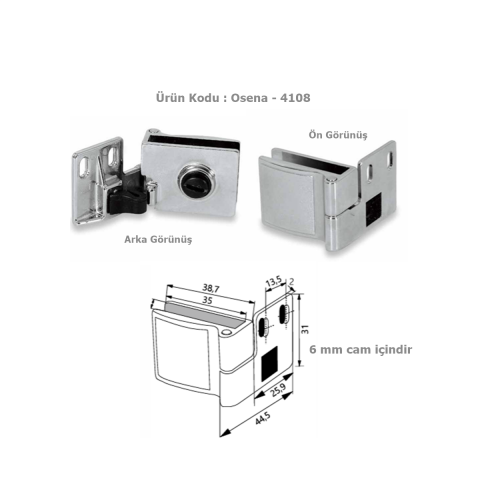 Osena Cam Menteşesi Metal Krom 6 mm Cam İçin 1 Takım