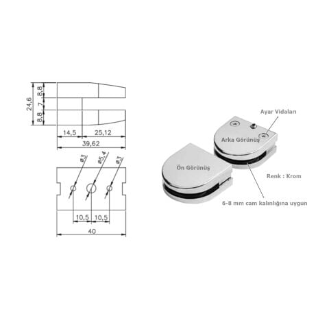 Osena Cam Tutucu Metal Krom 6-8 mm Ayarlı 1 Takım