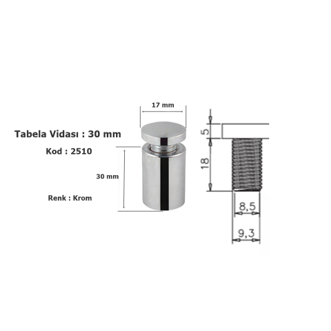 Osena Lüx Tabela Vidası Metal Krom 30 mm Kod: 2510