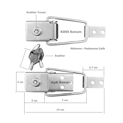 Sandık Klipsi Anahtarlı Kilitli Gergi Mandalı Paslanmaz Çelik