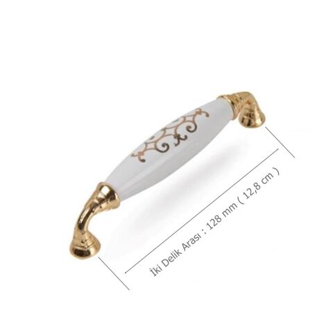 Tomurcuk Porselen Mobilya Kulp 128 mm Altın Yaldız Desen Altın