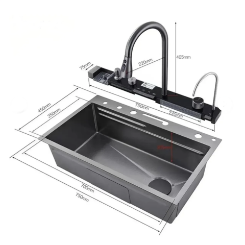 Akıllı Teknolojik Eviye Evye Seti Paslanmaz Antrasit 75 x 46 cm