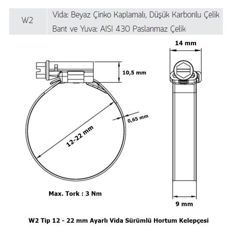 Mikalor 3 Adet W2 Hortum Kelepçesi 12-22 mm 430 Klt. Paslanmaz