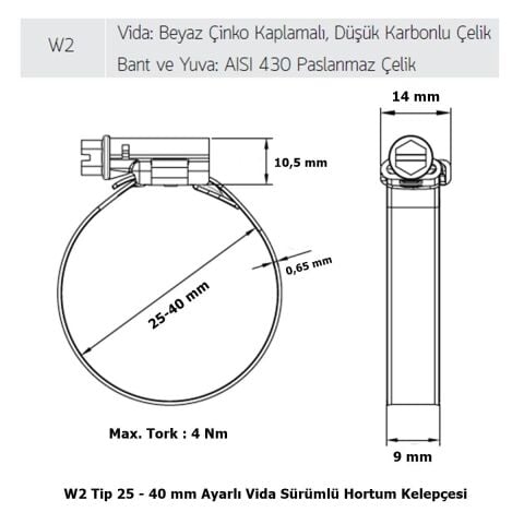 Mikalor 3 Adet W2 Hortum Kelepçesi 25-40 mm 430 Klt. Paslanmaz