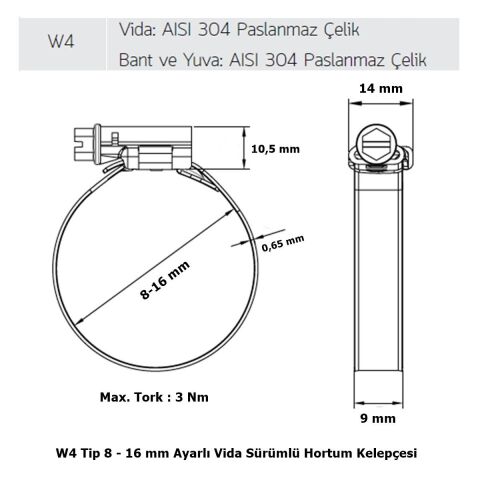 Mikalor 3 Adet W4 Hortum Kelepçesi 8-16 mm 304 Klt. Paslanmaz