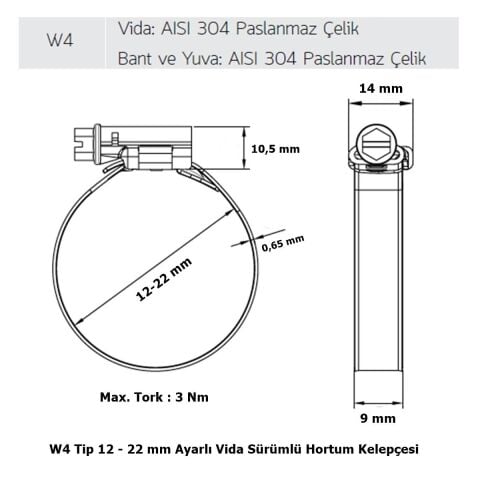 Mikalor 3 Adet W4 Hortum Kelepçesi 12-22 mm 304 Klt. Paslanmaz