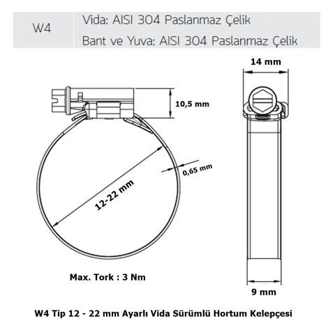 Mikalor 3 Adet W4 Hortum Kelepçesi 12-22 mm 304 Klt. Paslanmaz