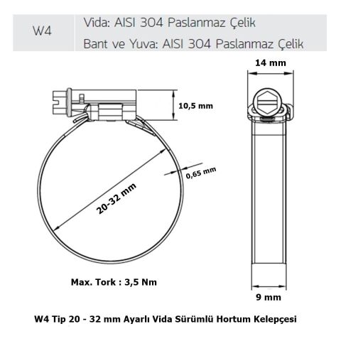 Mikalor 3 Adet W4 Hortum Kelepçesi 20-32 mm 304 Klt. Paslanmaz