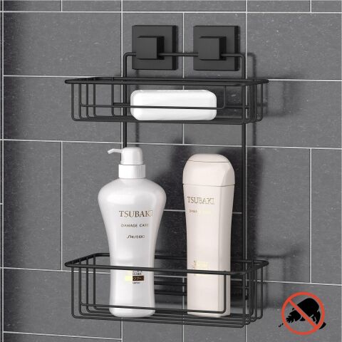 Tekno Tel EF-256 Yapışkanlı 2 Katlı Düz Banyo Rafı Siyah