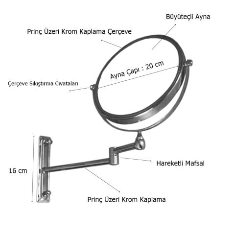 Tema Marka Mafsallı Büyüteçli Makyaj Aynası Paslanmaz Krom