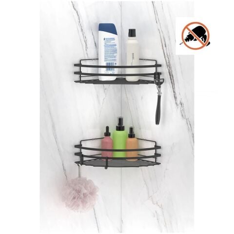 Tekno Tel ST-207 Yapışkanlı Kancalı 2 Adet Köşelik Banyo Rafı Siyah