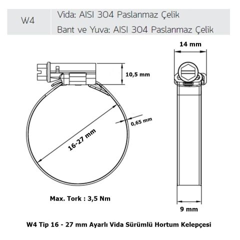 Mikalor 200 Adet W4 Hortum Kelepçesi 16-27 mm 304 Paslanmaz