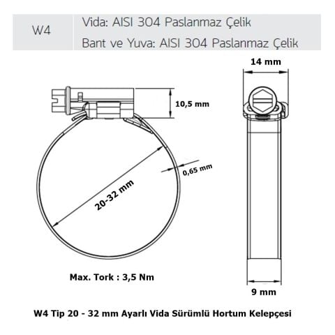 Mikalor 200 Adet W4 Hortum Kelepçesi 20-32 mm 304 Paslanmaz