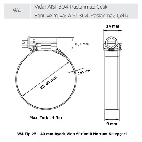 Mikalor 100 Adet W4 Hortum Kelepçesi 25-40 mm 304 Paslanmaz