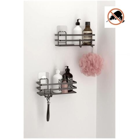 Tekno Tel ST-281 Yapışkanlı Kancalı 2 Adet Düz Banyo Rafı Siyah